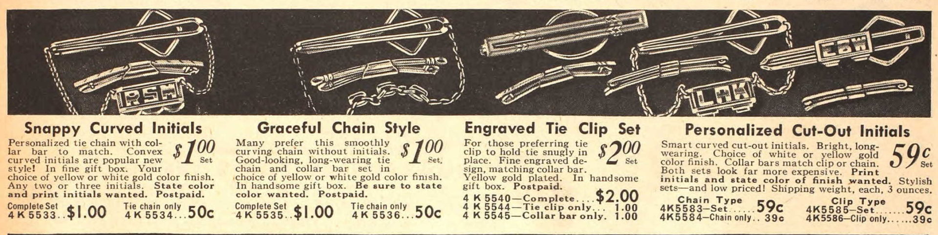 1938 men's tie chains and tie clips