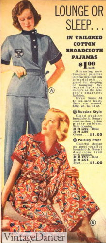 1930s womens pajamas sleepwear 1938 Russian and Man-tailored paisley pajamas