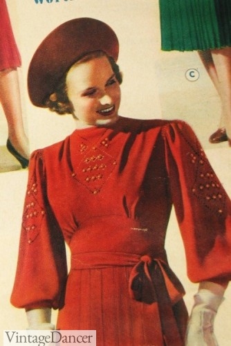 1930s push up sleeve dress red