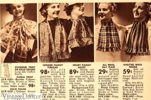 1938 print, paisley silk scarves and plaid or stripe wool knit scarves