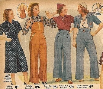 1930s women's light denim blue jeans overalls