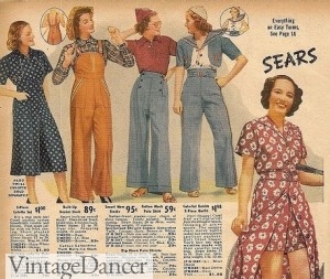 1938 coulotte set, overalls, and pants.