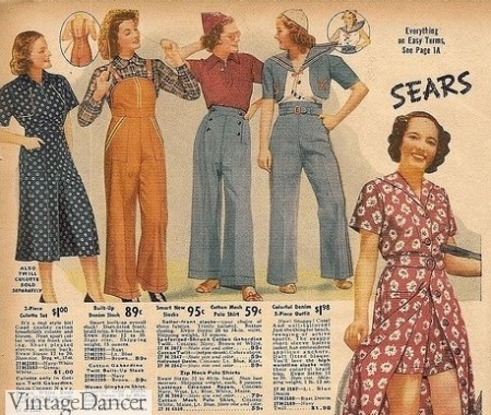 1938 coulotte set, overalls, and pants. 