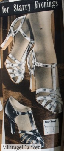 1938 silver and black T Strap evening shoes