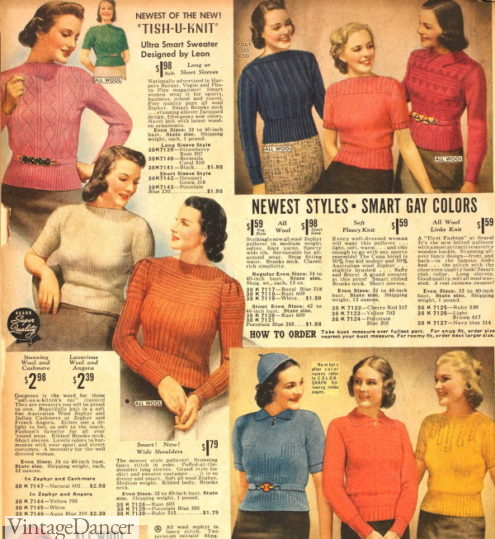  1930s fashion for women 1938 Knitwear sweaters jumpers knit tops cardigans pullovers 30s