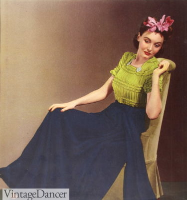 1930s long skirt with ruffled blouse evening cocktail party outfit