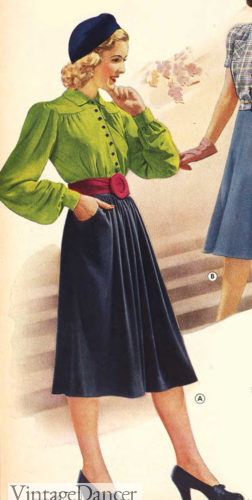 1930s long sleeve lime green blouse, red belt, blue pleated skirt outfit idea at VintageDancer