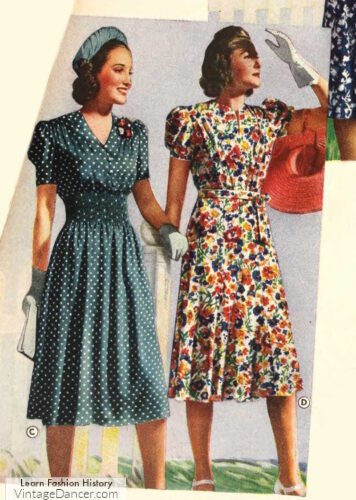 1930s polka dot and floral print dresses 1939
