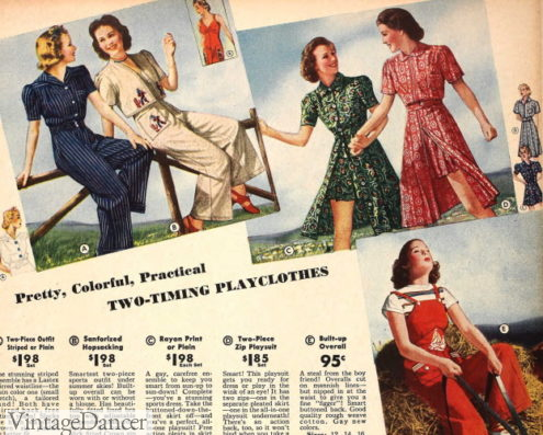 1939 teen girls coveralls, playsuits and overalls casual 1930s fashion teenagers