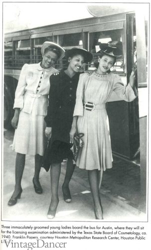 1940, three ladies going to take their cosmetology exams in dark to light stockings.