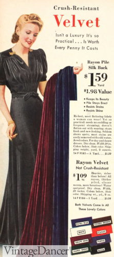 1940 rayon velvet fabric evening gown dress