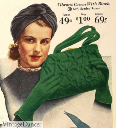 1940 embossed green handbag with gloves