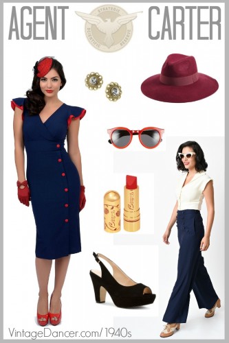 1940s Agent Carter Costume, Clothes, Shoes, Hat, Lipstick and Accessories. Find these and more 1940s style clothing at VintageDancer.com