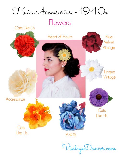 1940s hair flowers and clips can be found almost anywhere, or make your own easily. Shop for these at VintageDancer.com