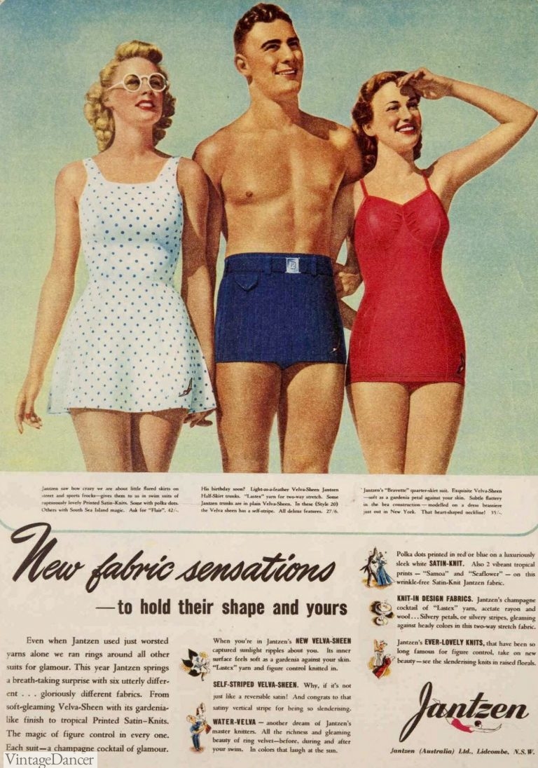 Vintage Men S Swimwear History 1930s 1940s 1950s   1940s Janzten Swimwear Women Men Half Skirt Trunks 768x1096 