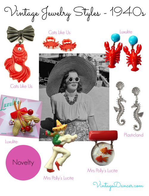 1940s Jewelry Styles: Novelty designs such as Horses, hands, hats, pencils, and lips were all popular designs. Learn more at VintageDancer.com/1940s
