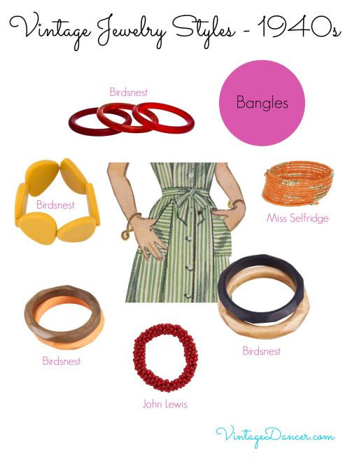 1940s jewelry trends: Bangles were a popular way of incorporating color into an outfit. See more jewelry trends at VintageDancer.com/1940s