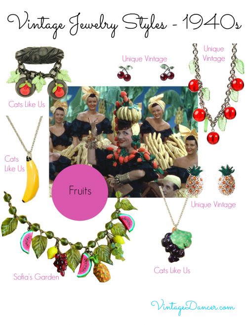 1940s jewelry trends: Fruit shapes add a touch of whimsy to your 1940s inspired outfit. 