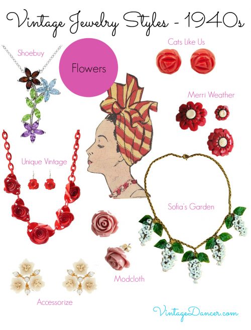 1940s jewelry trends: Flowers. Accessorize your 1940s inspired outfit with these floral jewelry pieces at VintageDancer.com/1940s
