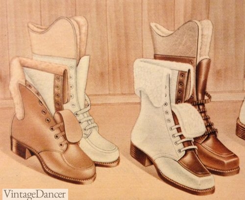 1940s snow boots with two top buckles (L) and Royal Vintage repro 1940s "Rosie" boots