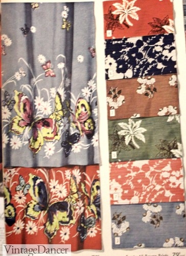 1944 Border printsin Boradcloth with butterflys, rayon rpints in flowers and leaves, and heather rayon prints in class stripes, dots, and checks.