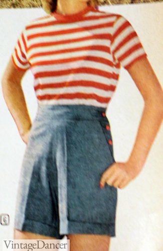 1947 Blue denim shorts with red side buttons and a striped T Shirt at VintageDancer