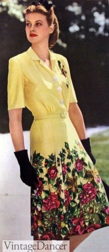 1944 border print yellow dress