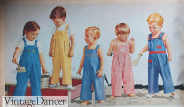 1940s childrens boys girls toddlers overall romper playsuits in pink, blue, and yellow