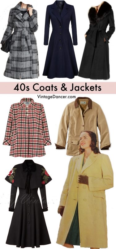 1940s coats and jackets, winter coats, utility jackets, overcoats, outerwear at #vintagedancer
