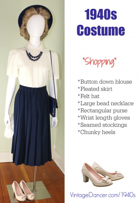 1940s costume: A pleated A line skirt is a classic style perfect for a 1940s look. Shop skirts at vintagedancer