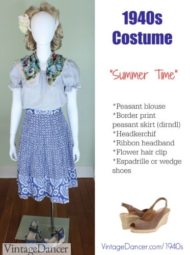1940s teenager outfit. Peasant skirt and blouse. Hair flower, optional scarf and wedge shoes