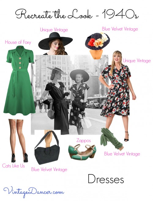Look out for dresses with knee length hems and gently flared skirts for a 1940s look. Finish with hats, shoes and purses. VintageDancer.com/1940s