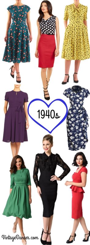Love these 1940s dresses! Casual, swing dance, pinup, party dresses and more at VintageDancer.com