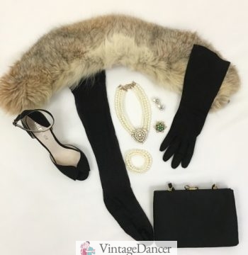 My 1940s evening accessories: fur wrap, peep toe ankle strap heels, black stockings, long gloves, clutch bag, and pearl jewelry.