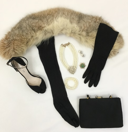 My 1940s evening accessories: fur wrap, peep toe ankle strap heels, black stockings, long gloves, clutch bag, and pearl jewelry.