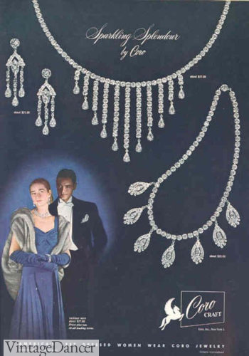 1940s bib jewelry. Woman with long ruched gloves and fur wrap.