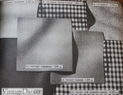 1948 wool and ryon blend uistings in flat, crepe, flannel and gabardine textures. Black and white or brown and white checks were very common. 