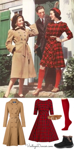 1940s fall outfit: Red plaid dress, knee high socks, tan trench coat and warm winter boots