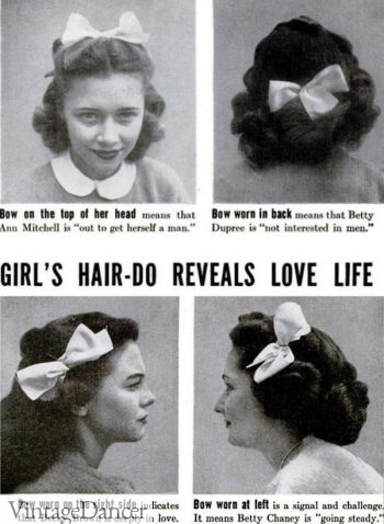 a page from the early 1940s displaying the "language" of hair bow placements