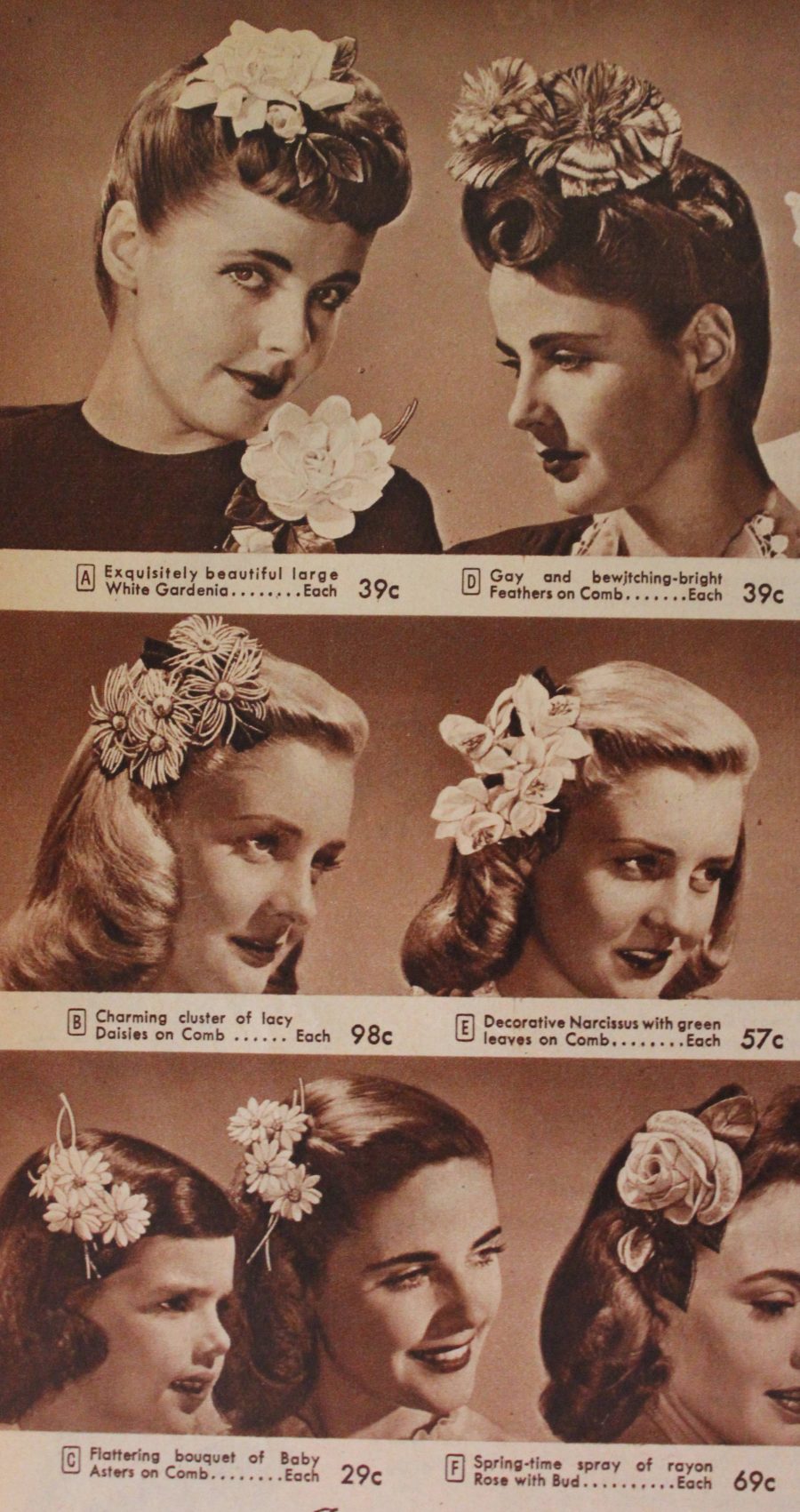 1940s Hair Accessories Flowers, Snoods, Clips, Wigs, Bandannas