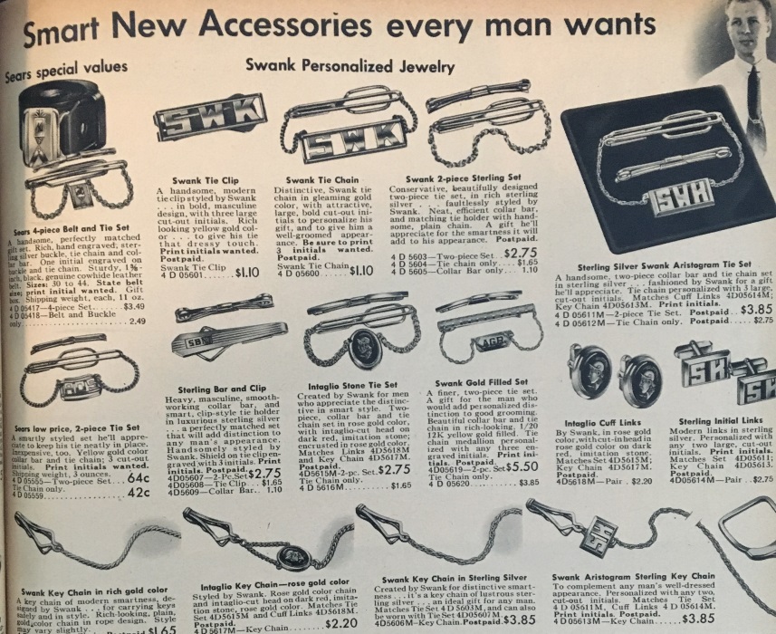 1947 men's tie bars, collar pins, and key chains