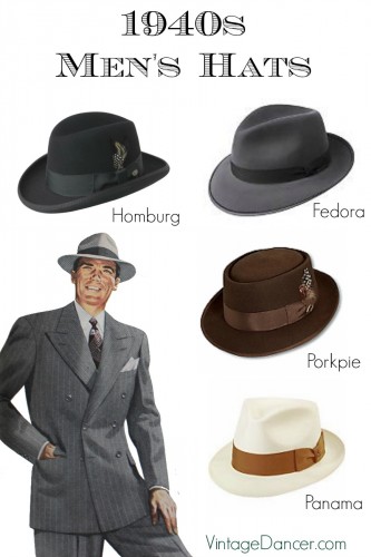 1940s men's hats styles. Homburg, Fedora, Porkpie and straw Panama are the most common styles. Learn and shop at VintageDancer.com