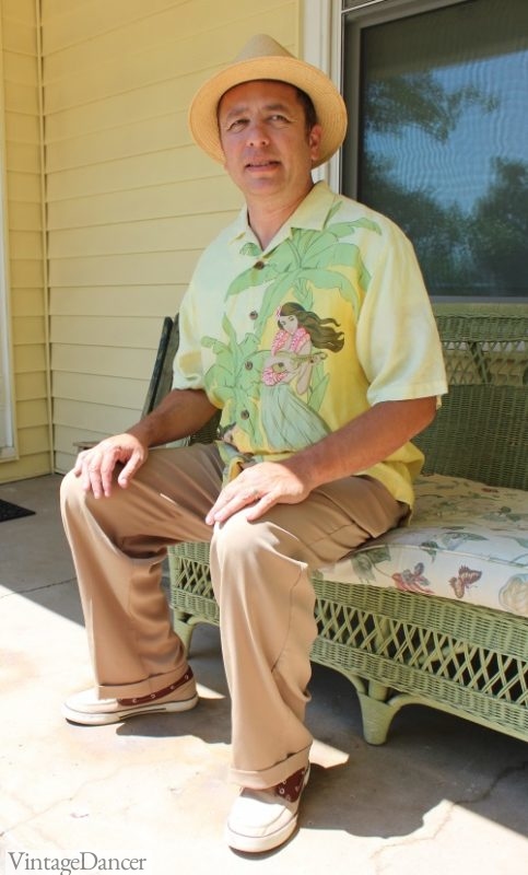Men's 1940s - 1950s Hawaiian shirt, wide leg pants, straw fedora hat and boat shoes.