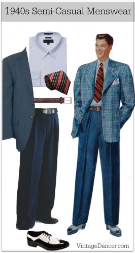 1940s casual men's clothing- sportcoat, casual shirt, tie, belt, and shoes