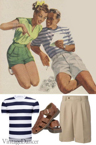 1940s shorts outfit with stripe t-shirt and fisherman style sandals (socks optional)
