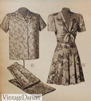 1940s Playsuit style pajama next to regular box cut pajamas