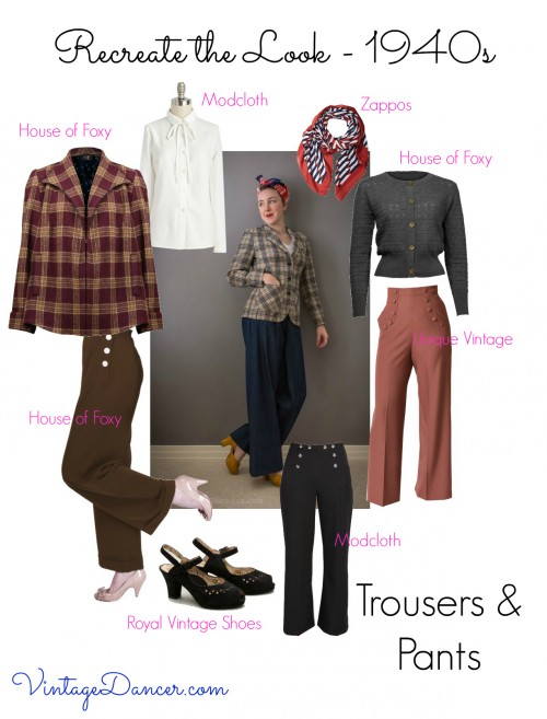 Perfect trousers for a 1940s style paired with blouses or sweaters and fab shoes. VintageDancer.com/1940s