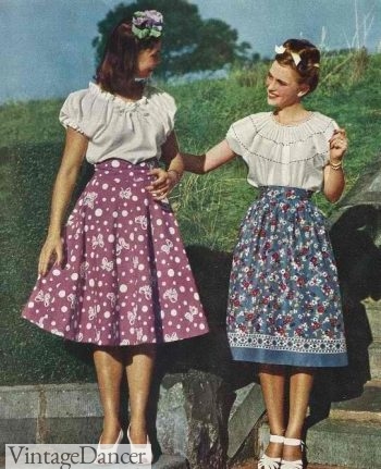 1940s peasant skirts in fun prints and spring colors
