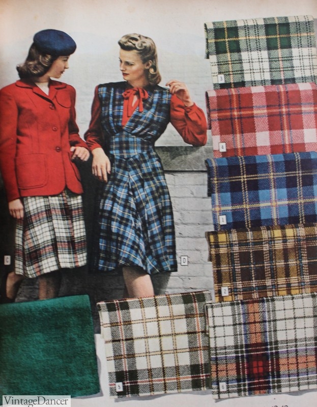 1940s plaid fabrics wool flannel dresses skirts colors patterns tartan plaids