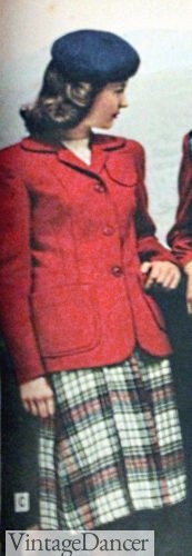 1947 plaid skirt and red casual jacket